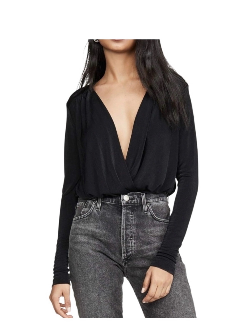 Free People Turnt Bodysuit Black Plunge Wrap Long-Sleeve